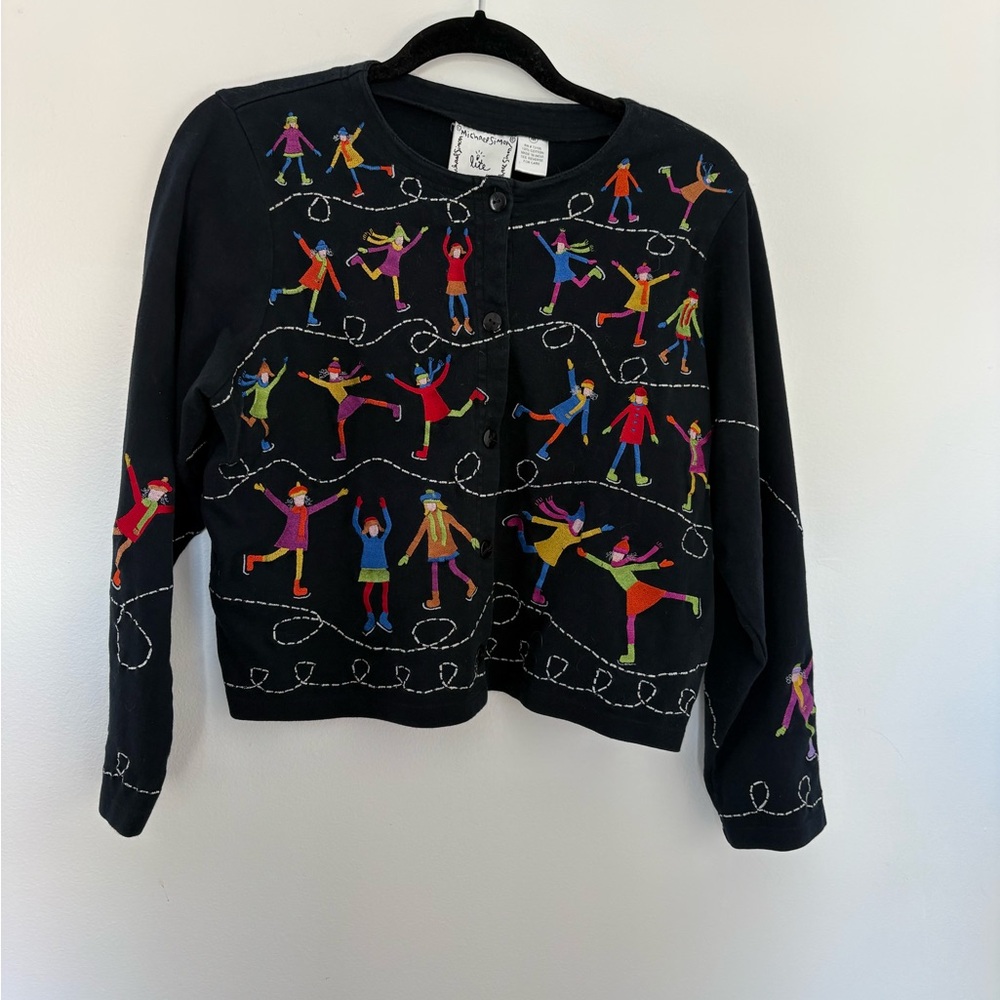 Michael Simon Lite Vintage black cardigan with colorful embroidered ice skaters